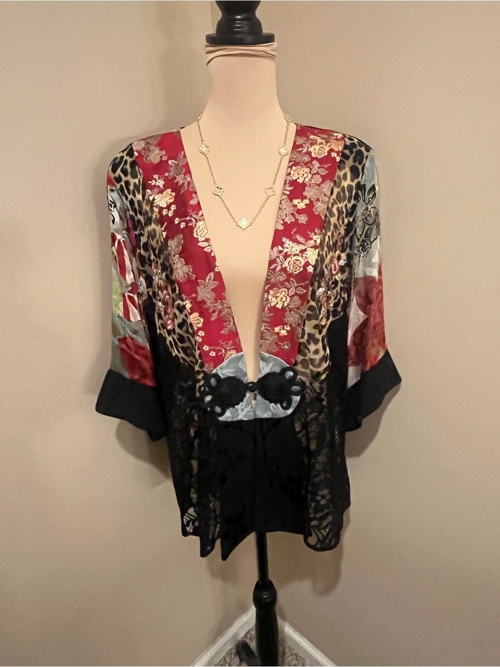 Boho Spencer Alexis Black Lace, Animal print, floral patchwork Silk Jacket, XL